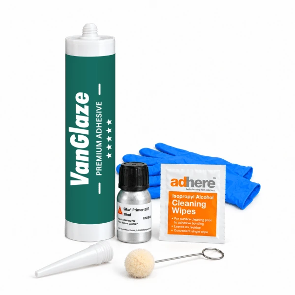 VanGlaze adhesive, black primer, cleaner, nozzle, applicator and gloves